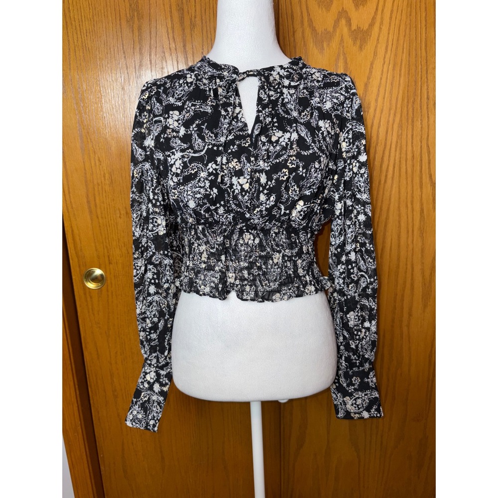 En Saison Black Paisley Floral Gold Foil Smocked Waist Crop Top Blouse Small